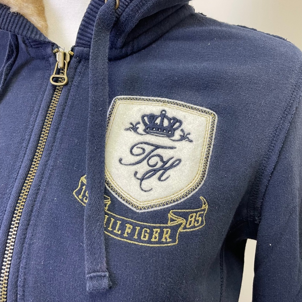 Y2K Tommy Hilfiger Navy Faux Fur Lined Quarter Zip Hoodie Crest Logo Small - Picture 3 of 16
